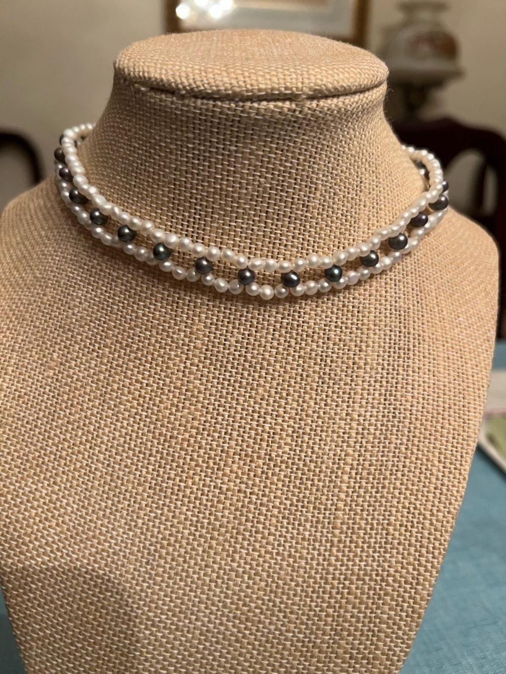 White and grey pearl choker necklace with 14k gold filled clasp